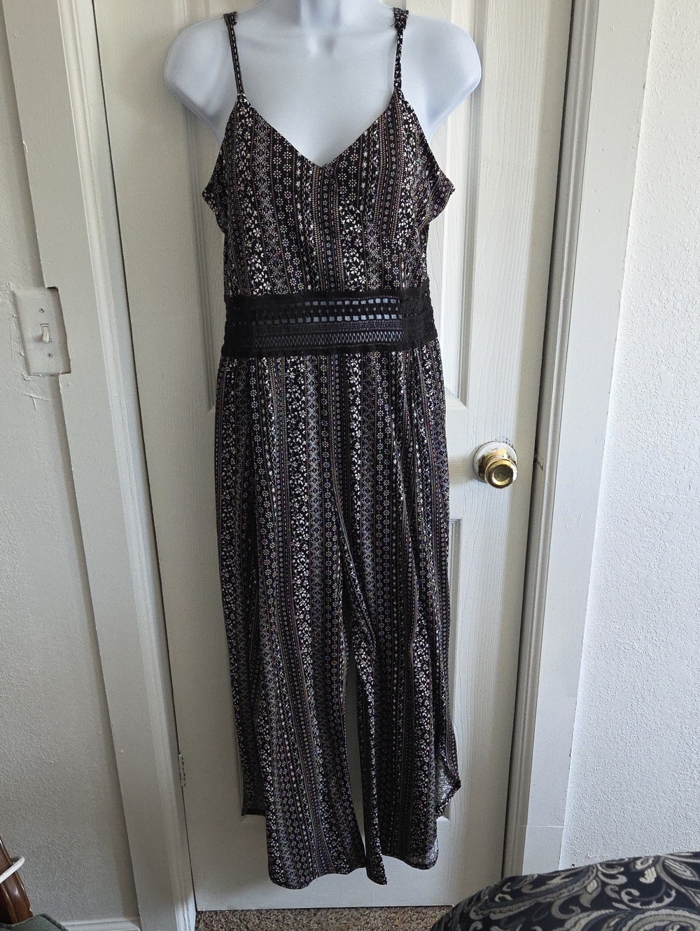 No Boundaries Black Patterned Midi Dress with Lace Waist